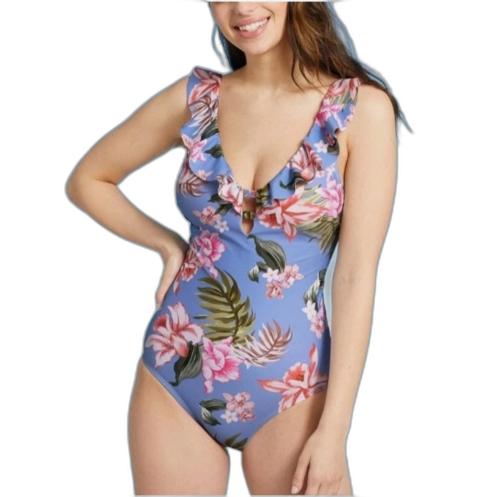 Kona Sol Over The Shoulder Ruffle High Coverage One Piece Swimsuit Medium NWT